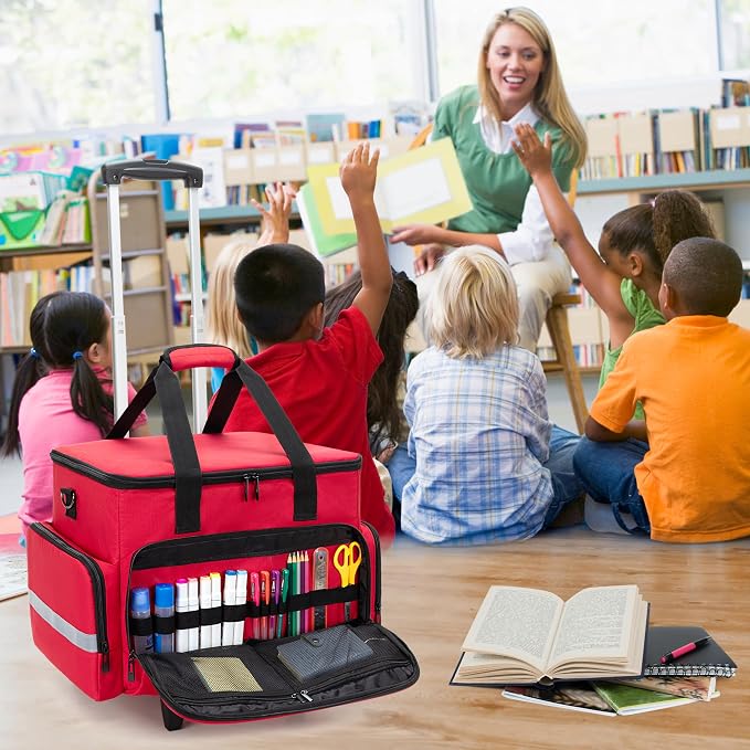 CURMIO Rolling Teacher Tote Bag with Wheels, Teaching Work Bag with Padded Sleeve for up to 14” Laptop for Teaching, Office, Red(Bag Only)