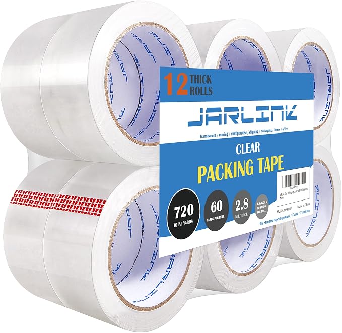 JARLINK Clear Packing Tape (12 Rolls), Heavy Duty Packaging Tape for Shipping Packaging Moving Sealing, Stronger & Thicker 2.8mil, 1.88 inches Wide, 60 Yards Per Roll, 720 Total Yards