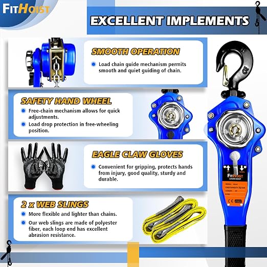 3/4 Ton Lever Chain Hoist w/ 2 Lift Sling Straps and Gloves - 1650LBS Chain Come Along 10Ft Lift, for Garage, Open-Air and Unpowered Operations