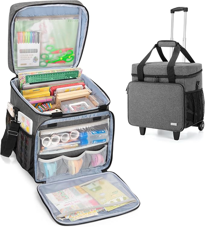 LUXJA Rolling Scrapbook Tote, Scrapbook Bag with Detachable Dolly (Patented Design), Gray