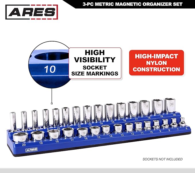 ARES 60036-3-Piece Blue Metric Magnetic Socket Organizer Set - Includes 1/4-Inch, 3/8-Inch, and 1/2-Inch Socket Holders - Holds Standard Size and Deep Size Sockets - Keeps Your Tool Box Organized
