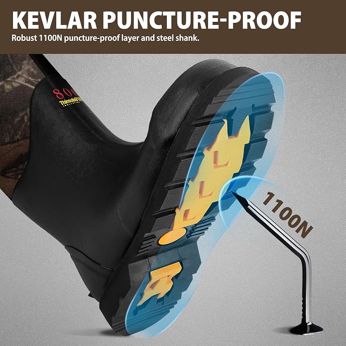 Rubber Work Boots with 800g Insulation, Puncture-Proof Steel Toe & Shank, Waterproof and Insulated 6mm Neoprene Hunting Boots for Farming, Construction, Fishing, and Manufacturing (Size 6-14)