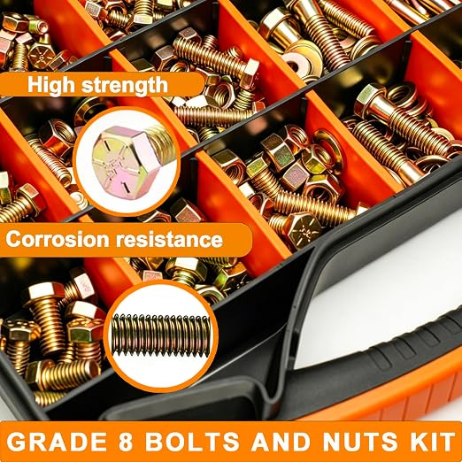 859PCS Grade 8 SAE Bolt Assortment Kit with Storage Box, Heavy-Duty Yellow Zinc Plated Alloy Steel Hex Bolt Set, Nuts with Flat & Lock Washers (1/4-20,5/16-18,3/8-16,1/2-13) for Home Improvement
