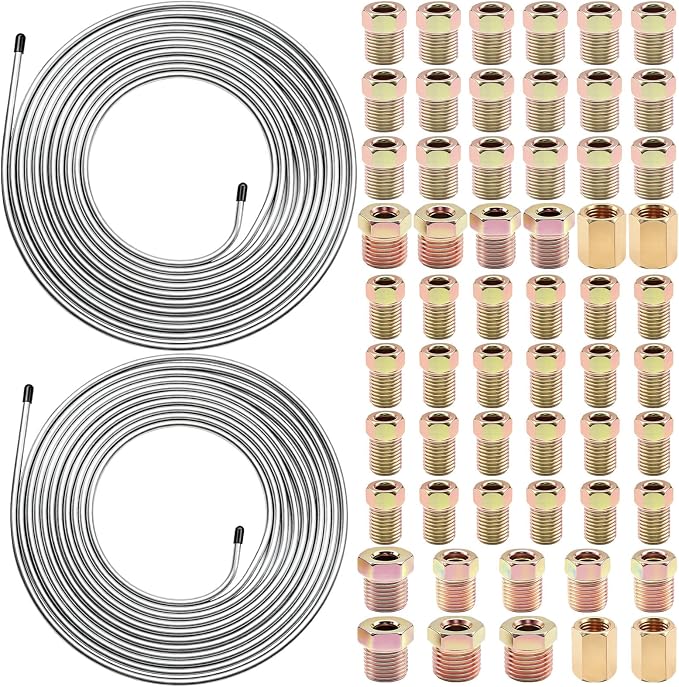 60Pcs 2 Sets 3/16 Inch & 1/4 Inch 25 FT Brake Line Tubing Kit with 58 Pcs Brake Line Fittings, Zinc Coated Alloy Steel Brake Lines Kit Replacement for Hydraulic Fuel Transmission Line