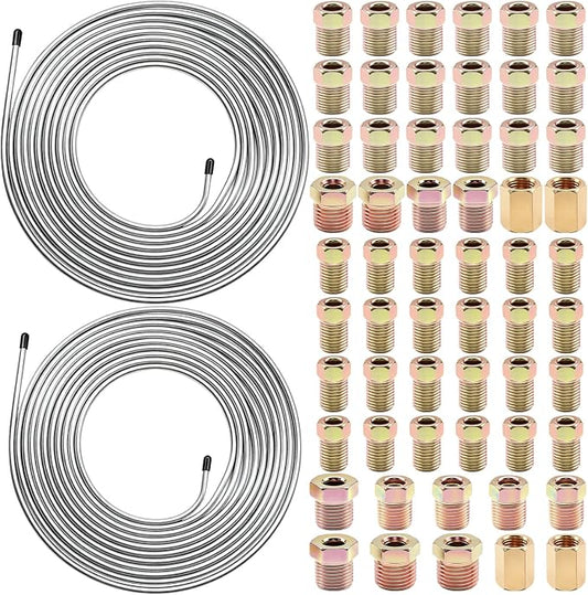 60Pcs 2 Sets 3/16 Inch & 1/4 Inch 25 FT Brake Line Tubing Kit with 58 Pcs Brake Line Fittings, Zinc Coated Alloy Steel Brake Lines Kit Replacement for Hydraulic Fuel Transmission Line