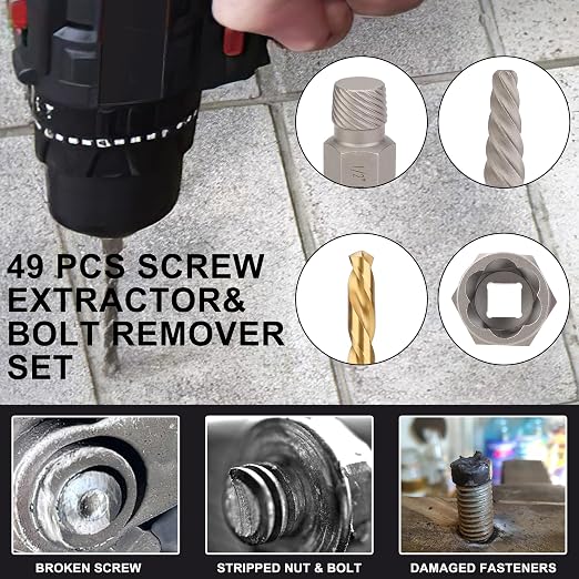 Hromee 49PCS Screw & Bolt Extractor and Left Drill Bit Set, Easy Out Extractor Set for Broken Nuts Bolts and Stripped Screw