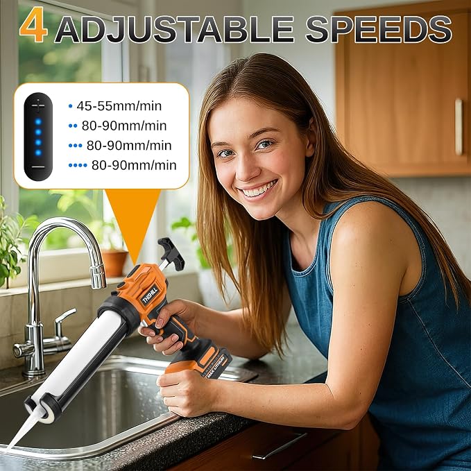 This Hill Cordless Electric Caulk Gun, 10oz Dripless Silicone Hand Caulking Gun with 2 x 2000mAh Batteries, 4 Adjustable Speeds, Built-in LED Light, 9Pcs Caulking Tool Kit for Sealing Filling
