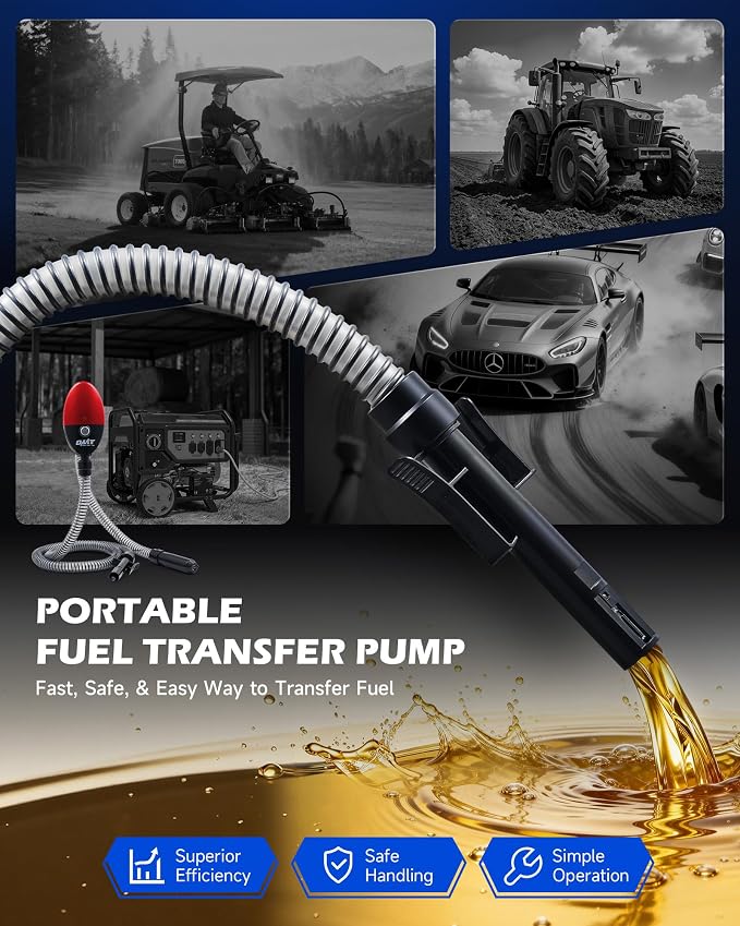 Orion Motor Tech Electric Fuel Transfer Pump with Auto-Shutoff, 3.2GPM Gas Can Pump, 51" Hose, USB-C & AA Battery (NO BATTERIES INCLUDED) Powered, 4 Adapters for Gasoline, Diesel, Kerosene, Red