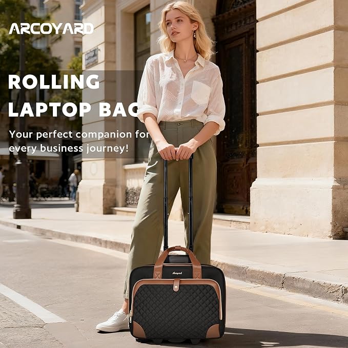Arcoyard Rolling Laptop Bag, Rolling Briefcase for Women with Waterproof Pocket, 16 Inch Computer Bag, Underseat Carry On Luggage with Wheels for Work Travel Business, Lightweight Black Brown
