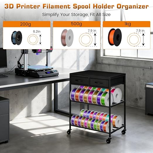 3D Printer Filament Storage Shelf with Drawers& Wheels, Black 2-Tier 3D Printer Filament Metal Stand with Storage, Adjustable Filaments Organzied Rack for Workshop Studio Office, 4 Leveling Feet