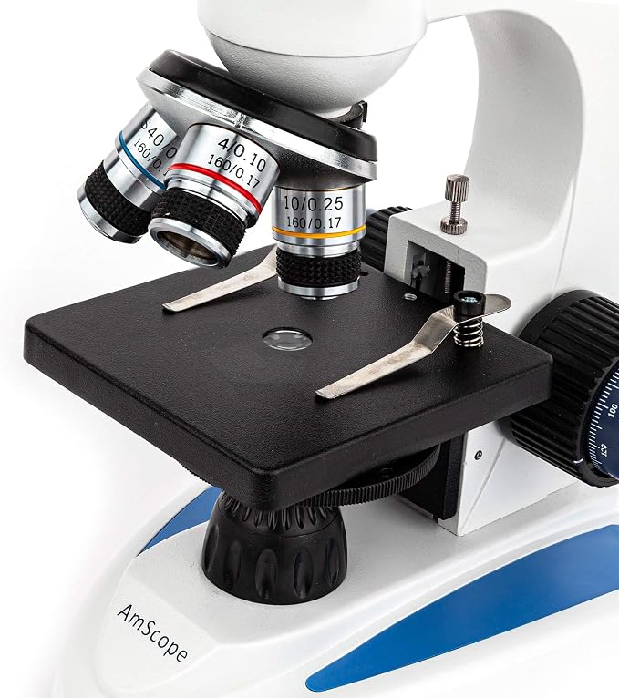 AmScope M158C-PS25-WM Cordless Compound Monocular Microscope, WF10x and WF25x Eyepieces, 40x-1000x Magnification, LED Illumination with Rheostat, Brightfield, Single-Lens Condenser, Coaxial Coarse and Fine Focus, Plain Stage, 110V or Battery-Powered, I...