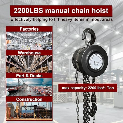 Hand Chain Hoist, 2200 lbs 1 Ton Heavy Duty Chain Hoist 10ft Chain Fall Chain Lift with 2 Chain Hooks for Lifting Good in Transport & Workshop