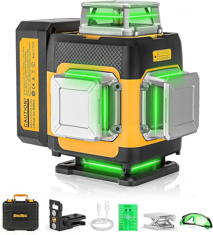4 x 360 Laser Level 360° Self Leveling, 4D High Brightness Rechargeable Lazer Level, with Pluse Mode for Outdoor, Hard Carry Case, Lift Base, Glasses, Target Plate