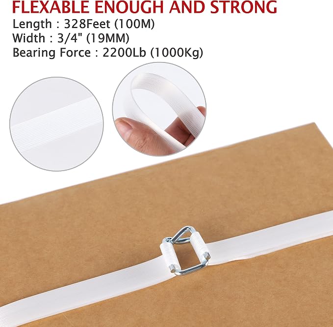 Woven Cord Banding Strapping Kit - Woven Strapping Kit Poly Pallet Packaging Banding Tool Strapping Tool Strapping Tensioner, Woven Roll 3/4"*328Ft, 100pcs Steel Buckles, Reusable Flexbale Package