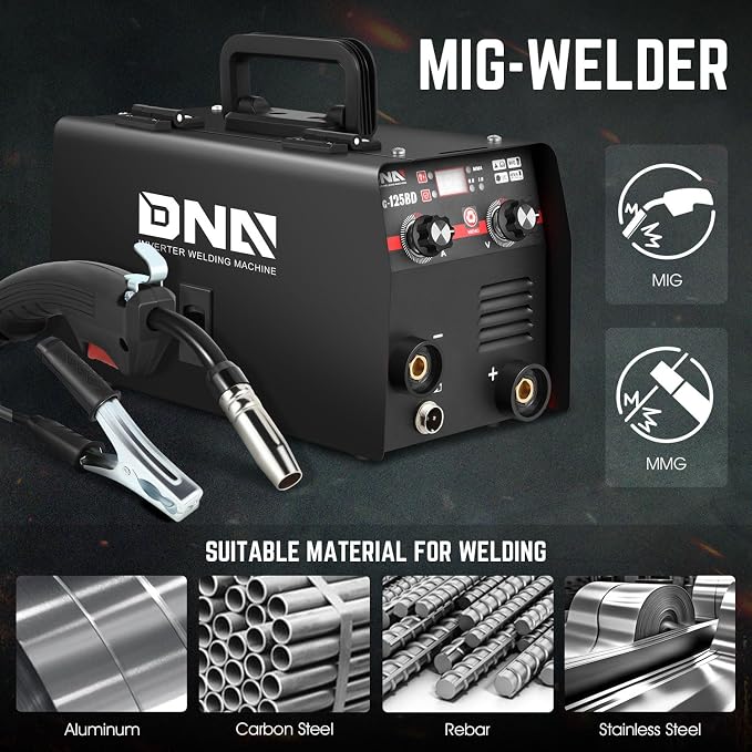 DNA Motoring 125A/110V Flux Core MIG Welder, Gasless MIG/Lift TIG/Stick Welder, 3 in 1 Portable Welding Machine, IGBT Inverter Welder for Home DIY, Garage, w/LED Digital Display, Black, TOOLS-00377