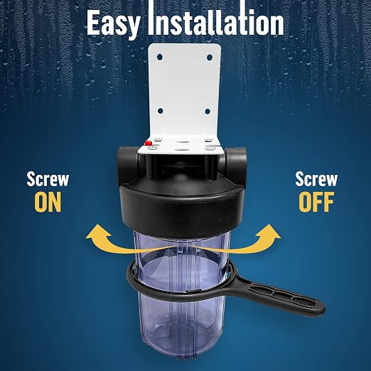 High Capacity 10 x 4.5” Whole House Filter Purifier System for Well or City Water, Presser Relief Button, 1” NPT Brass Port, Double O-Ring, Meets NSF Standards & Regulations (Transparent, 4 Sets)