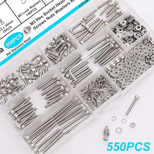 550PCS M3 Screw Kit, M3 x 6/8/12/16/20/25/30mm Hex Socket Head Cap Screws Bolts Nuts Washers Assortment Kit, 304 Stainless Steel Metric Bolts with Hex Wrench