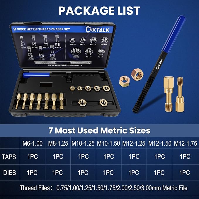 15-Piece Metric Thread Chaser Set,Master Thread Repair Kit with 7 Taps 7 Dies & Thread File,M6, M8, M10, M12,Automotive Rethreading Tool with Case