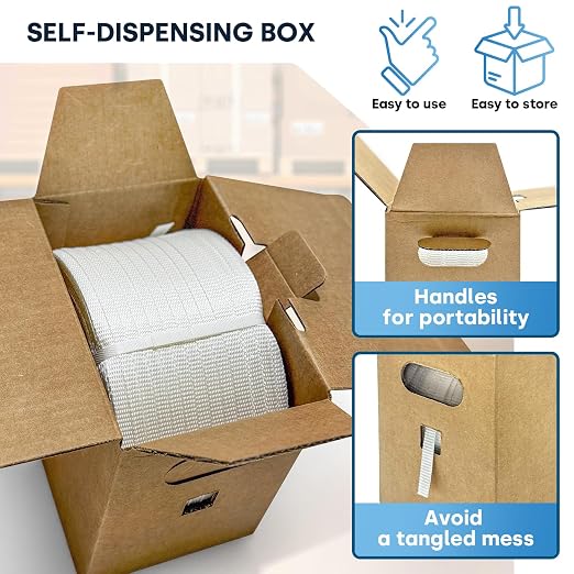 ESK Packaging® 1/2" Woven Poly Cord Strapping, 1500' Roll – 825 lbs Break Strength, Medium Duty, Weather-Resistant Flat Rope – Self-Dispensing Box