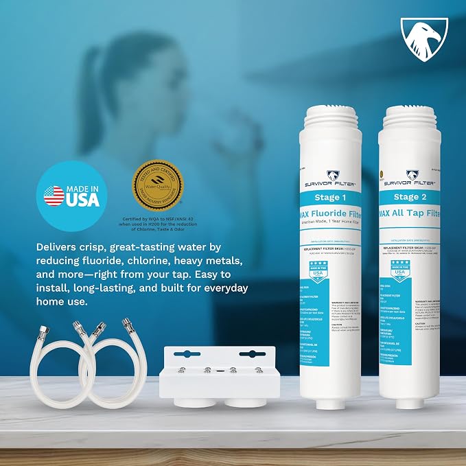 Survivor Filter Max, Stage 2 All Tap, Under Sink Water Filter Replacement | Chlorine & Metals Reduction, All Tap Water Types, Water Filter for Sink Faucet, Easy Installation, Made in USA