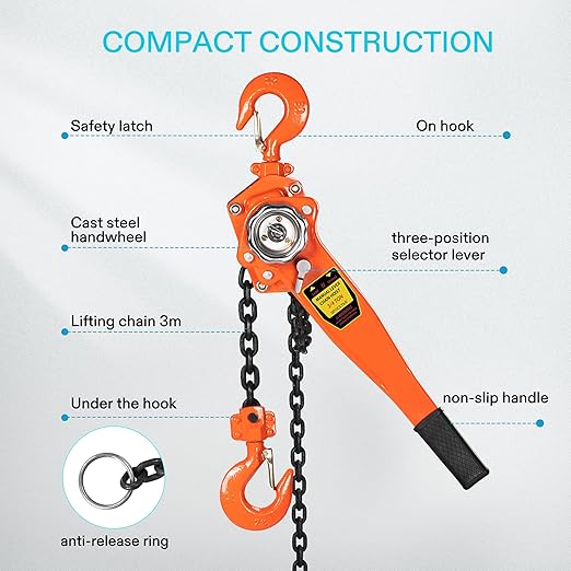 SPECSTAR Lever Chain Hoist 3/4 Ton 1650 Lbs Capacity 10 Feet with 2 Heavy Duty Hooks, Chain Come Along for Warehouse Building Automotive Machinery