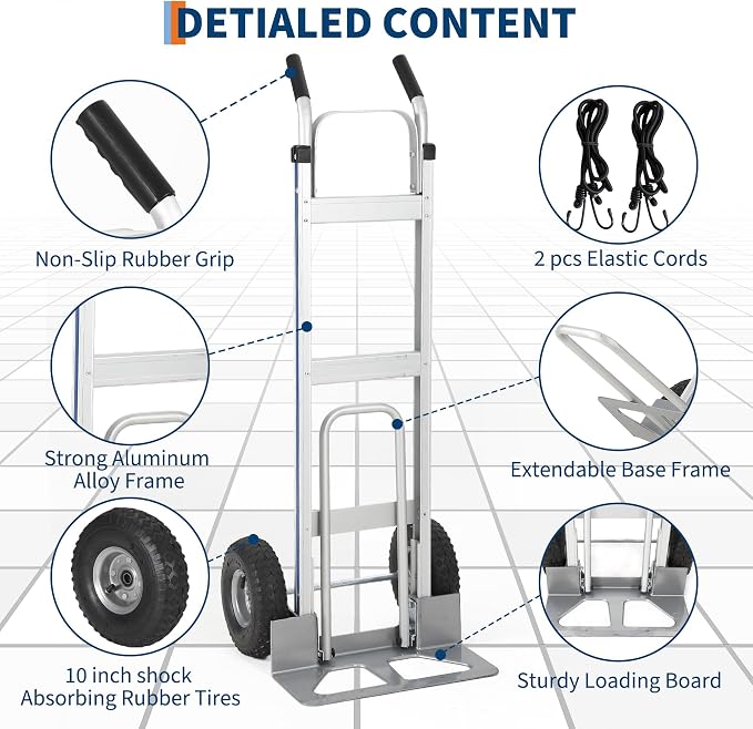 Aluminum Hand Truck Dolly Cart,600 LBS Capacity,Heavy Duty Dolly with Extendable Base Plate,10" Pneumatic Tire & 2 Elastic Cords,Platform Hand Cart for Transport & Moving in Warehouse, Supermarket