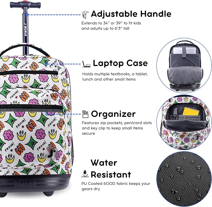 J World Sundance Laptop Rolling Backpack for Girls Boys. Roller Bookbag with Wheels, 20 Inch, Proud