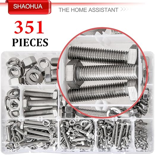 M3/M4/M5/M6/M8/M10/M12 Metric Bolt Assortment Kit, 304 Stainless Steel Heavy Duty Flat Hex Head Screws Bolts and Nuts Kit, Nuts Flat Gasket and Lock Washers Assortment Ki, Silver, 351Pcs