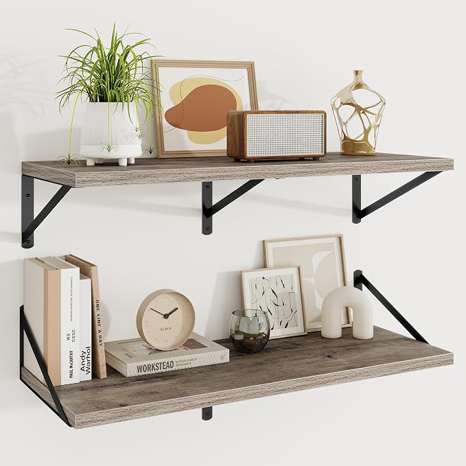 Floating Shelves 12 Inch Deep, 36W x 12D Wall Shelf Set of 2, 60 lbs Heavy Duty Reversible Metal Brackets, Deep Industrial Book Shelf for Living Room Kitchen Bath Bedroom Coffee Bar, Grey