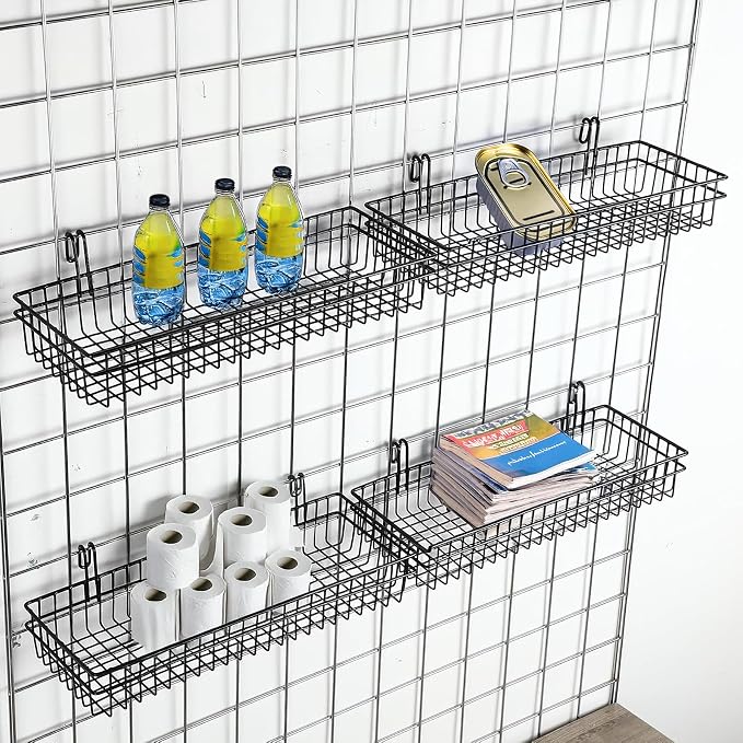 4 Pack 15.75 x 6 x 2.36 Inch Metal Grid Wall Baskets with Hooks, Hanging Wire Grid Basket, Multi-Function Wall Mounted Organizer for Kitchen Organizing Display, White