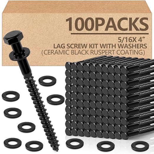 Tandefio 100 Pack 5/16''x4'' Hex Head Lag Bolts for Wood Ceramic Black Lag Screw Kit with Washers Heavy Duty Hot Dip Galvanized Coating Double Layer for Decks Fences