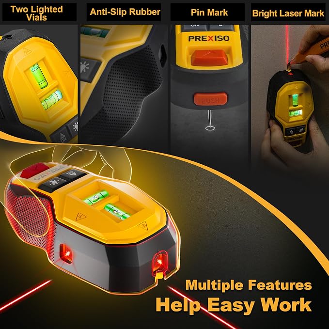 PREXISO 2-in-1 Rechargeable Cross Line Laser Level with Magnetic Stud Finder, Compact Line Lasers with LED Bubble Vials for Accurate Marking for Hanging Frames & Pictures Non-Electronic Stud Finder