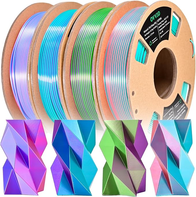 OVV3D 3D Printer Filament, PLA Filament 1.75mm Bundle, Dual Color Filament, Coextrusion 3D Filament, Silk PLA, 3D Printing Filament +/-0.02mm, 200g X 4 Spool