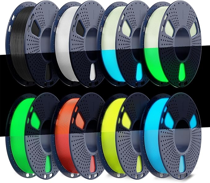 TECBEARS Glow in The Dark PLA Filament, Neatly Wound Luminous PLA 3D Printer Filament Bundle, 250g/Spool, 2 Spool of PLA Black/White and 6 Spools of Glowing PLA Blue/Green/Red/Yellow
