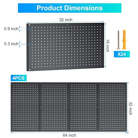 Metal Pegboard Panels 4PCS, Storage System for Garage 32"x16" | Wall Organizer Workbench for Walls Home, Garage Tool Storage, Office Organization, Craft Room, Kitchen