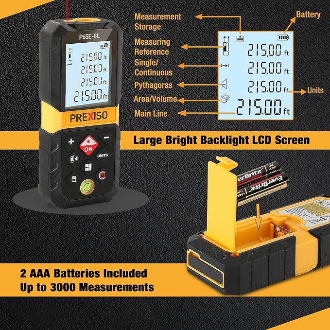 PREXISO 215Ft Laser Measure with Entension for Diagonal Measuring & PREXISO Laser Level with Tripod - 100Ft Rechargeable Dual Modules
