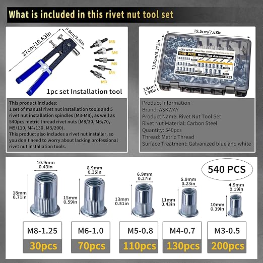 Rivet Nut Tool Kit 540Pcs Nut Riveter Tool Kit (M8/M6/M5/M4/M3), Suitable for Furniture, Decoration, Automobile, Shipbuilding and Industrial Applications