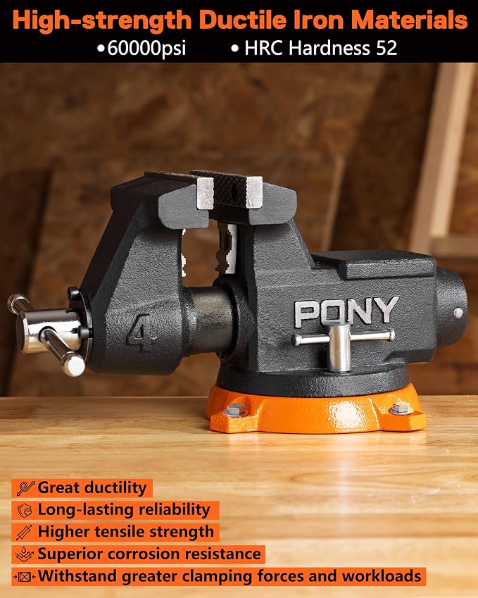 PONY 4 Inch Heavy Duty Bench Vise 4400LBS Clamping Force, Pro Workshop Workbench Vise with 360-Degree Rotatable Base and Anvil, 4-Inch Jaw Opening and Width for Woodworking, Drilling, Pipe Cutting