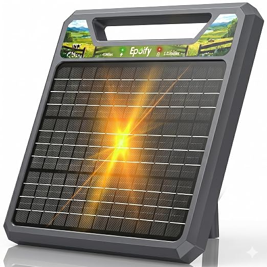 45-Mile Solar Electric Fence Charger, Epoify 1.0J LD03 Fence Charger with 8000mAh Battery & 8W Panel, 8KV-12KV High Voltage Pulse Electric Energizer for Cattle, Horse, Deer & Predator Control