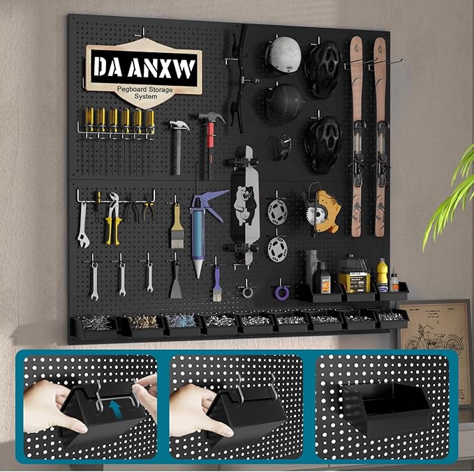 Pegboard Kit with Accessories,Includes 2 Pack 16" X 36" Steel Pegboard and 180 PCS Varied Accessories,can be Used for Tool Storage and Garage Organization. (Black Box)