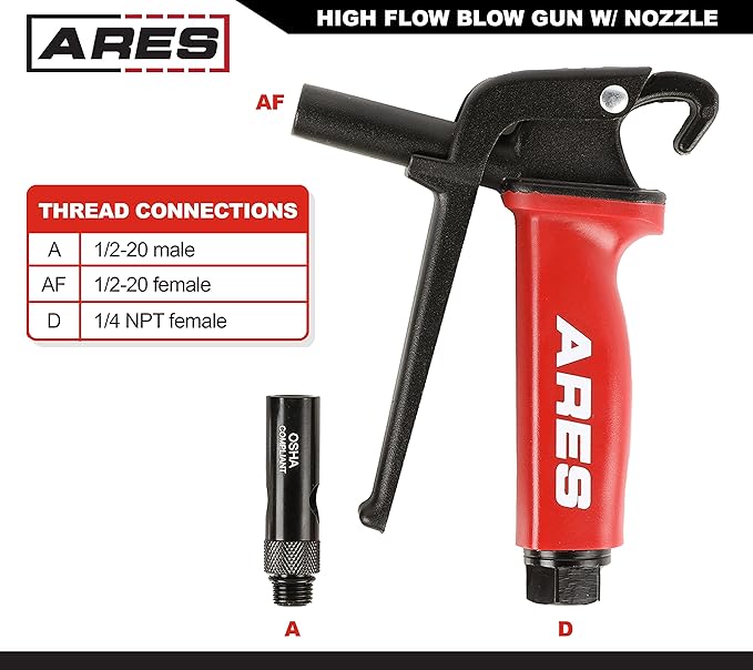 ARES 17004 – High Flow Air Blow Gun – Heavy Duty Aluminum Die Cast Body – Includes Ultra High Flow Nozzle - Meets OSHA Standards