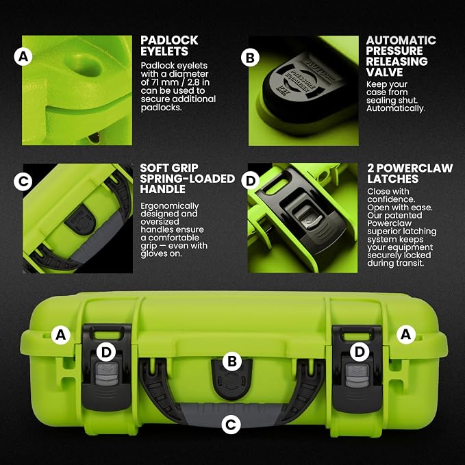 NANUK 910 Hard Case with Customizable Cubed Foam, IP67 Waterproof, Dustproof and Impact Resistant, 14.3” x 11.1” x 4.7”, Rugged Construction for Ultimate Protection, Made in Canada – Lime
