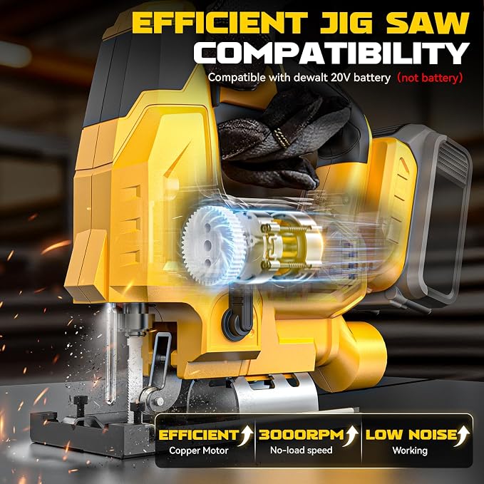 Ecarke Cordless Jig Saw Compatible With Dewalt 20V Battery, 4 Orbital Sets, 6 Variable Speeds Control, Dust-Blowing, ±45° Bevel Cuts, LED Light and 6PCS Blades for Straight Curve Cutting, Tool Only