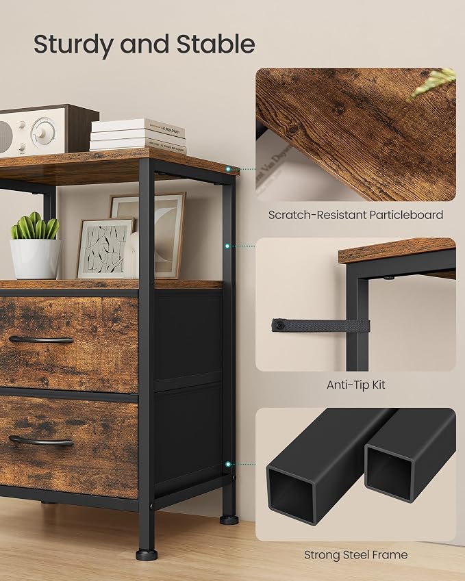 SONGMICS Nightstand, Bed Side Table, End Table with 2 Drawers and 1 Open Shelf, Industrial, Rustic Brown, BELLAH Collection ULGS052K101S
