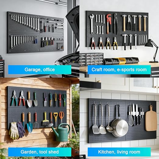 Metal Pegboard Panels 4 Pack, 24" x 12" | Heavy Duty Rust-Proof Wall Board Panels, Sturdy Steel Storage Pegboard for Garage, Workshop & Craft Room Organizer, Black