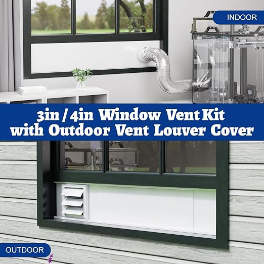 Window Vent Kit with Louvered Vent Cover Fit for 3" and 4" Vent Hose, Adjustable Window Seal Panels for 3"/4" Exhaust Ventilation Duct of Laser Engraver/3D Printer Enclosure, Dryer