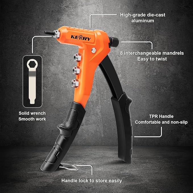 Kerry Rivet Nut Gun Tool, One-Handed Riveters 9.5" Rivnut Tool Kit with 8 Metric and SAE Mandrels 80PCS Rivet Nuts, 6-32 8-32 10-24 1/4-20 M3 M4 M5 M6 with Carrying Case Ideal for Automotive Work