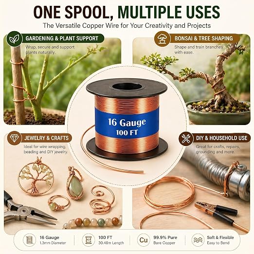Therwen 100ft 16 Gauge Copper Wire for Gardening, Electroculture, Bonsai, Jewelry Making Beading DIY Craft Pure Bare Copper Wire Spool