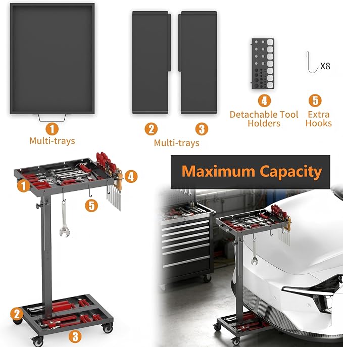 DEHOYI Adjustable Height Metal Tool Cart with Wheels, Heavy Duty Rolling Mechanic Tool Tray for Garage, Workshop (Black)
