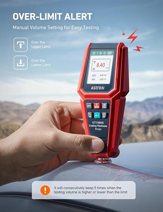 AstroAI Paint Thickness Gauge for Car, Coating Tester for Check The Car's Original Coating for Used Car Buyers, with Limit Alarm, 4-Direction Rotating Screen, Resol 0.01mil F/NF Measuring